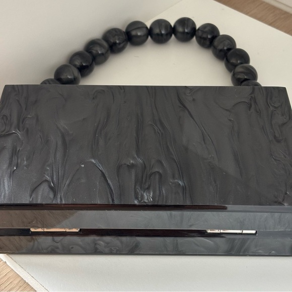 Small Marble Black Pearl Acrylic Box Beaded Handle Black & Gray Box Snap Clutch - Picture 5 of 5